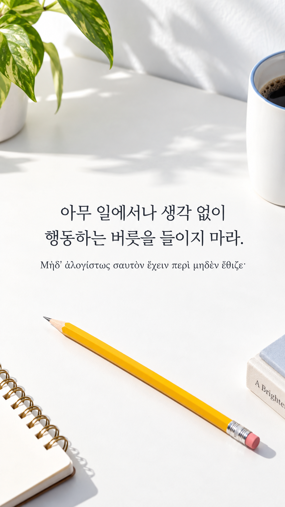 피타고라스 전통 황금시 8 아무 일에서나 생각 없이 행동하는 버릇을 들이지 마라. 밝은 책상 위에 가지런히 놓인 연필 한 자루 배경의 한글&middot;그리스어 세로 이미지