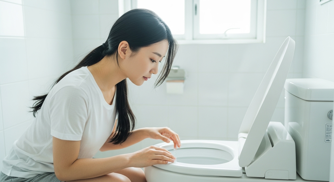 변기 앞에서 물색을 살피는 여성