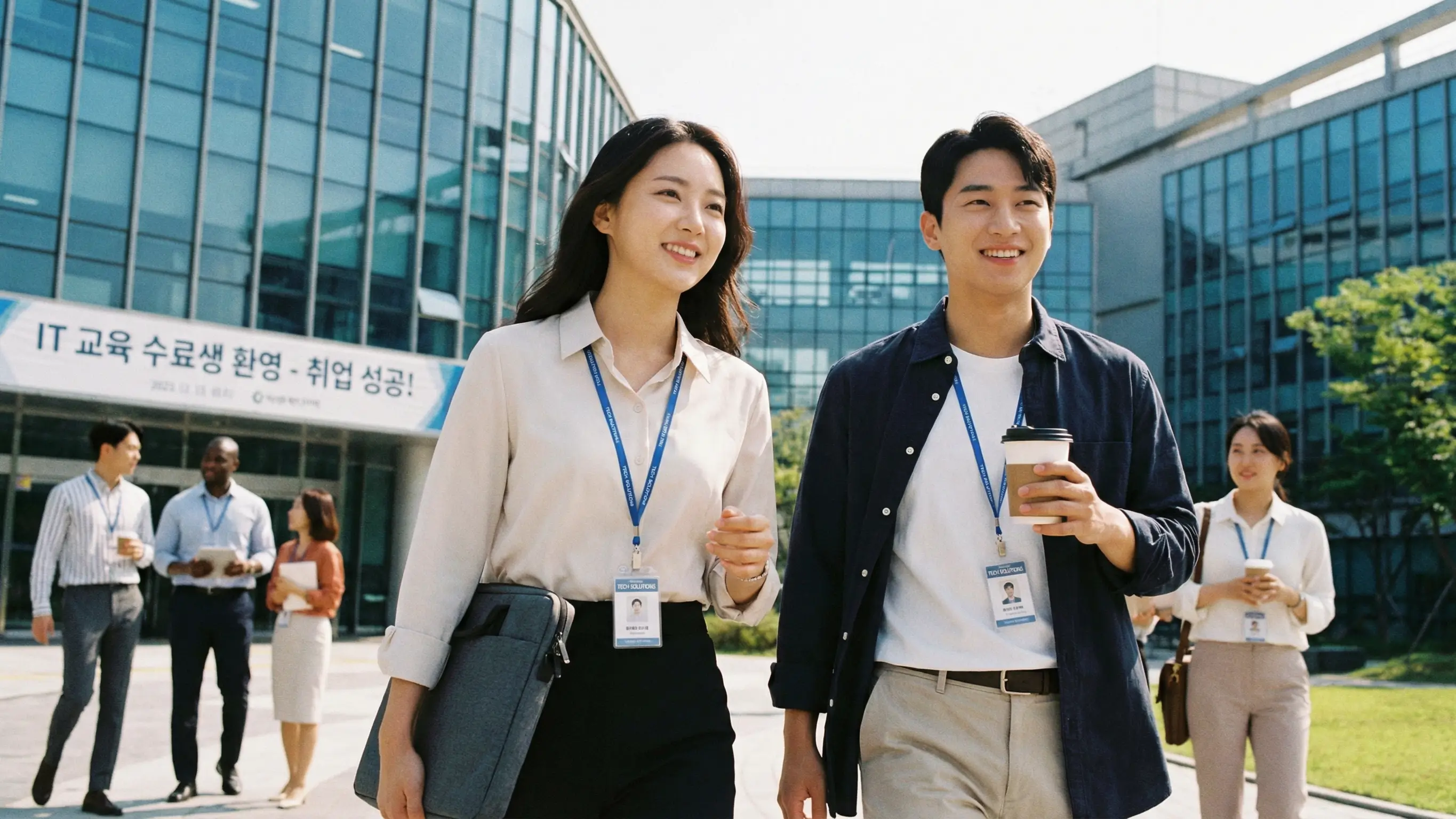 IT 교육을 수료하고 취업에 성공하여 사원증을 걸고 자신감 넘치게 걸어가는 모습