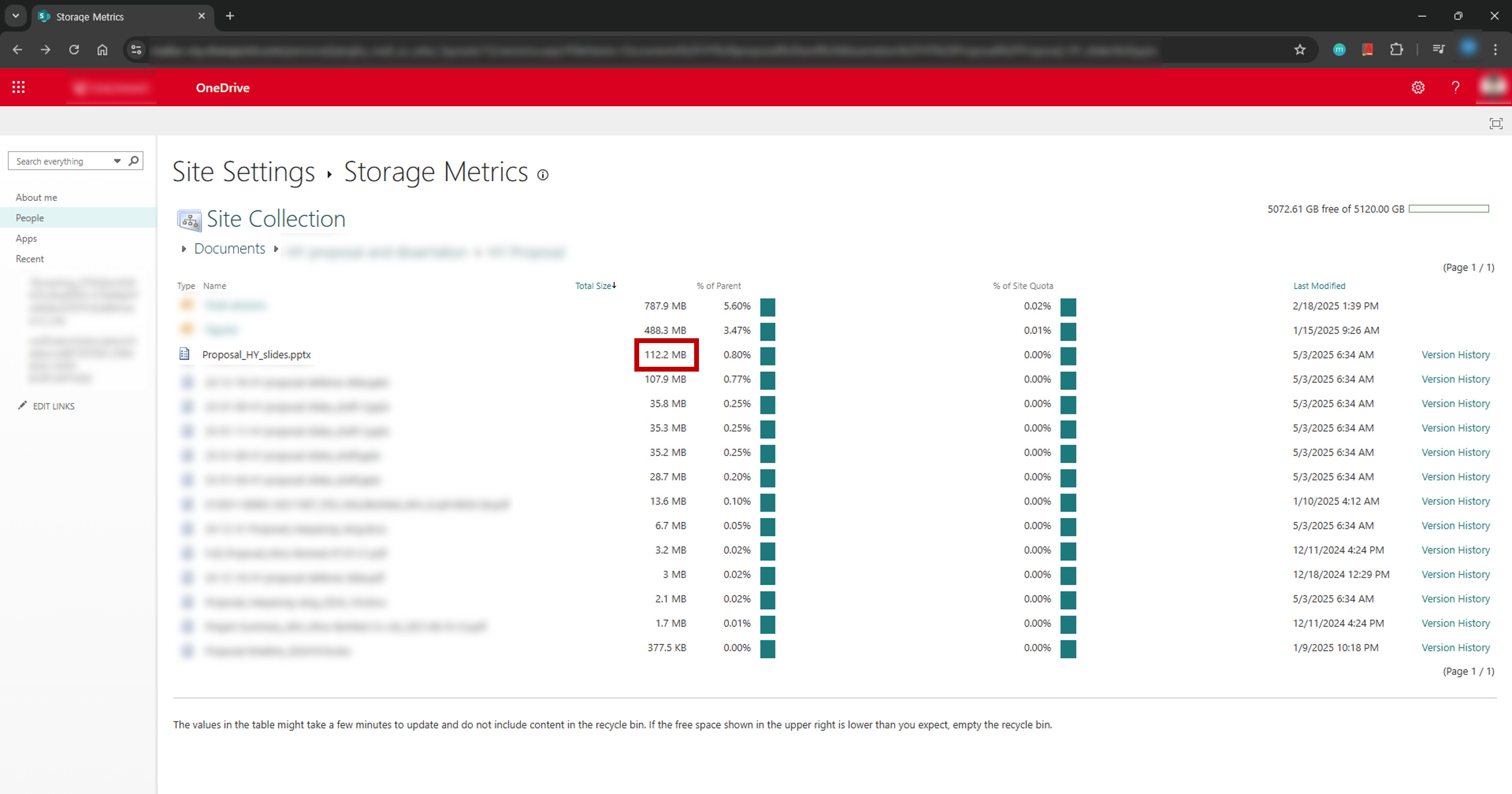 이전 버전 삭제 이후 최종 버전의 용량.