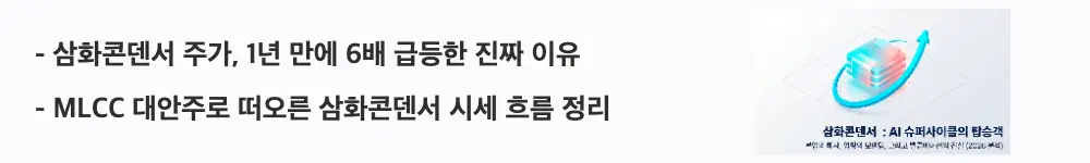 '삼화콘덴서 주가, 1년 만에 6배 급등한 진짜 이유'라는 문구가 포함된 웹배너 이미지. 이 이미지는 삼화콘덴서가 MLCC 대안주로 부각되며 1년 만에 약 6배 오른 주가 흐름을 시각적으로 전달하며, 블로그의 삼화콘덴서 주가 전망과 관련된 내용을 설명함