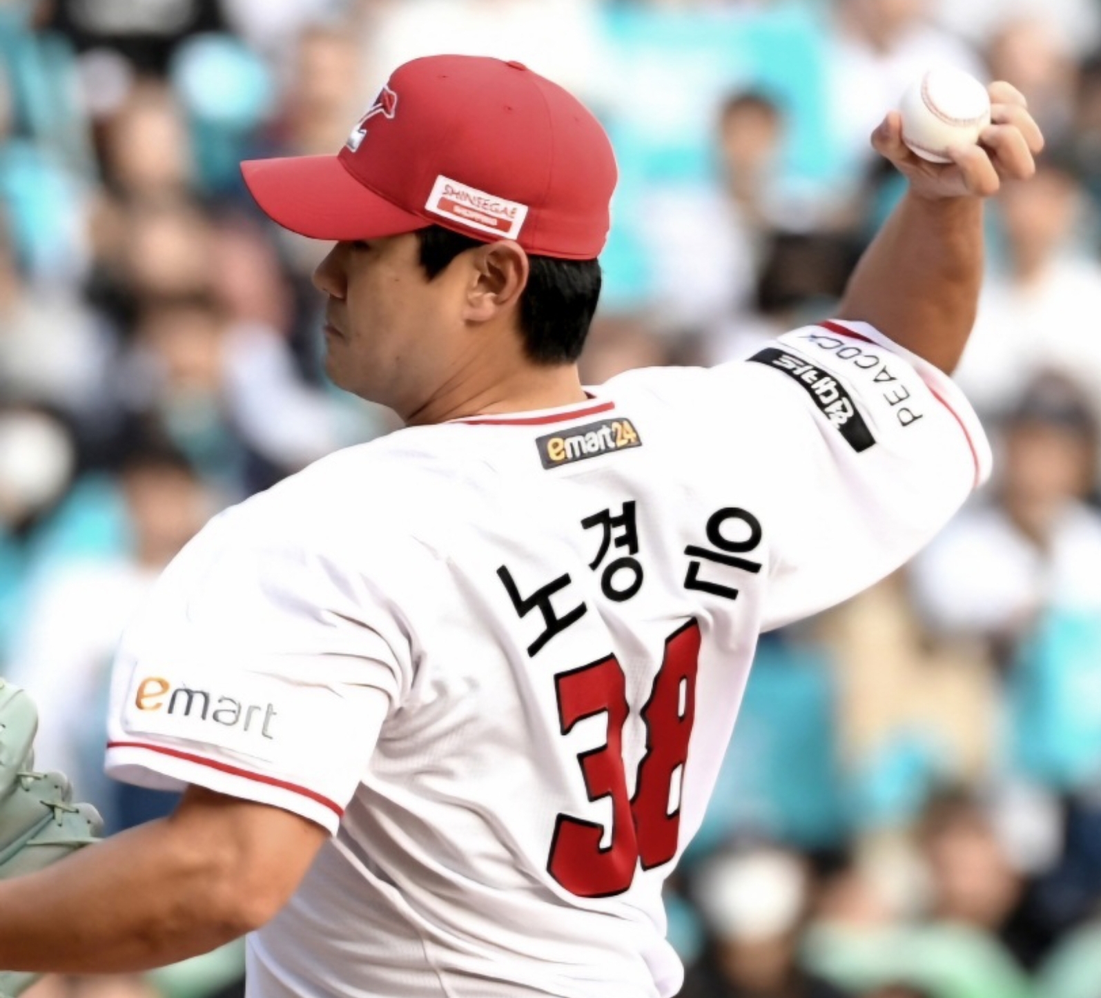 공을 던지고 있는 노경은 선수