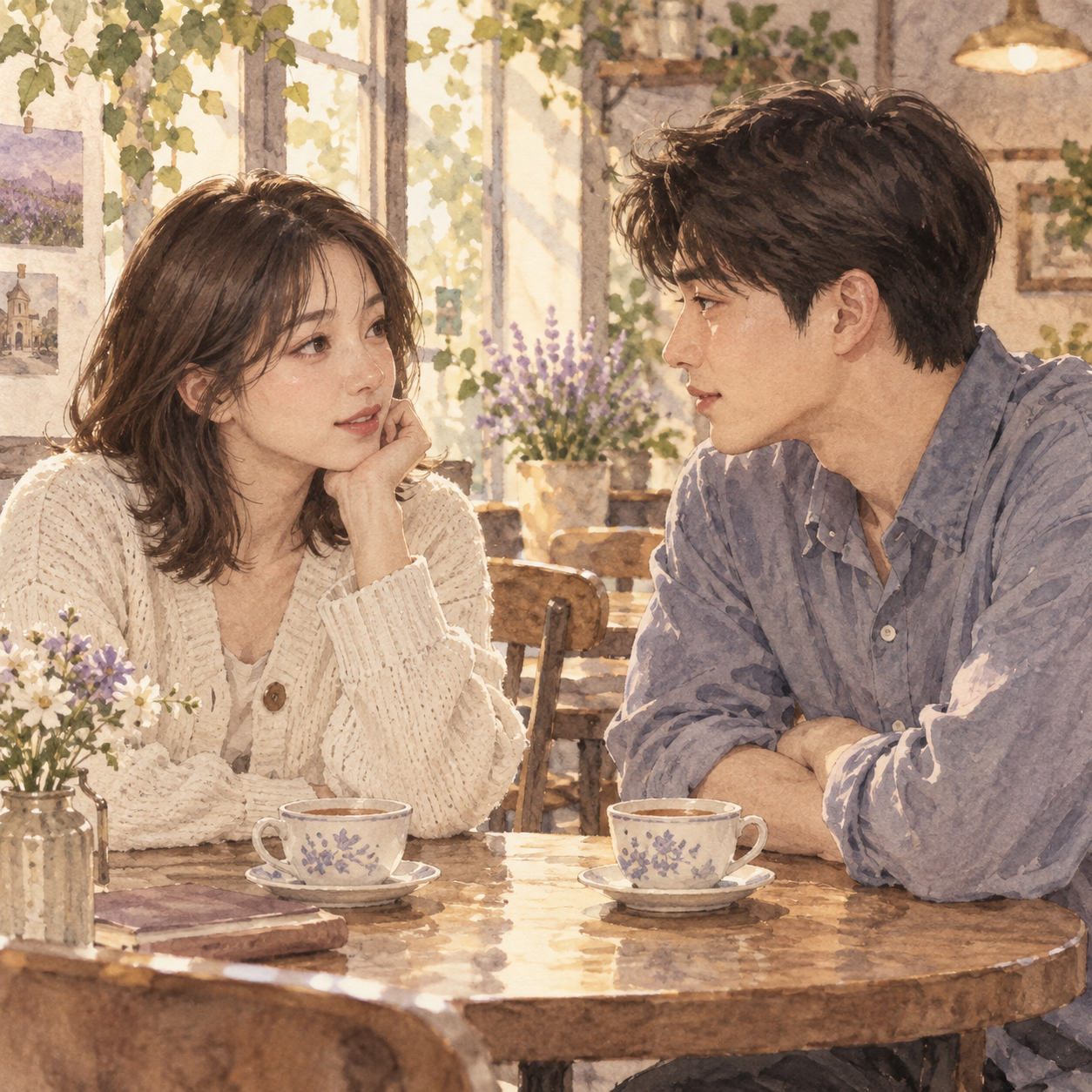 카페에서 서로의 마음을 차분히 이야기하는 하린과 민준