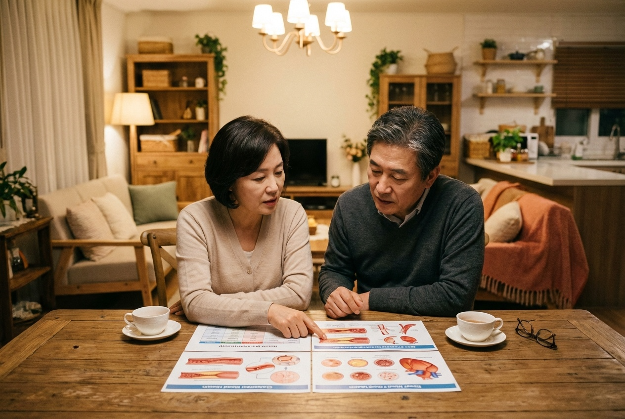 거실과 주방이 보이는 따뜻한 집 안에서 중년 한국인 부부가 식탁에 마주 앉아 혈관&middot;콜레스테롤 모식도가 인쇄된 자료를 함께 보며 혈행 건강을 상의하는 모습의 이미지입니다. 테이블 위에는 커피 잔과 안경이 놓여 있어 중장년 부부의 일상적인 건강 관리 상담 분위기를 보여줍니다.