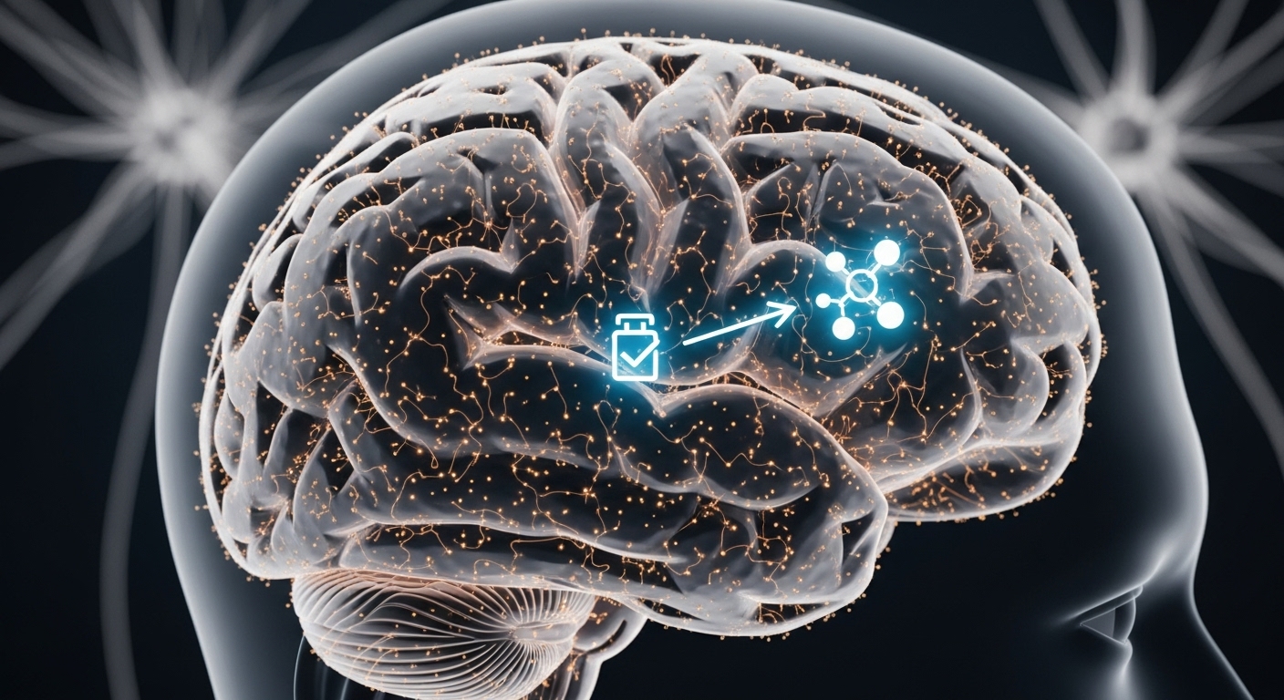 작은 성공(체크 표시)이 뇌의 보상회로를 자극해 도파민을 활성화시키는 모습을 시각화한 뇌과학 일러스트.