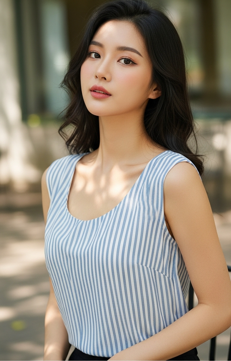 어깨와 부유방 라인을 세련되게 보완해주는 세로 스트라이프 나시탑 이미지