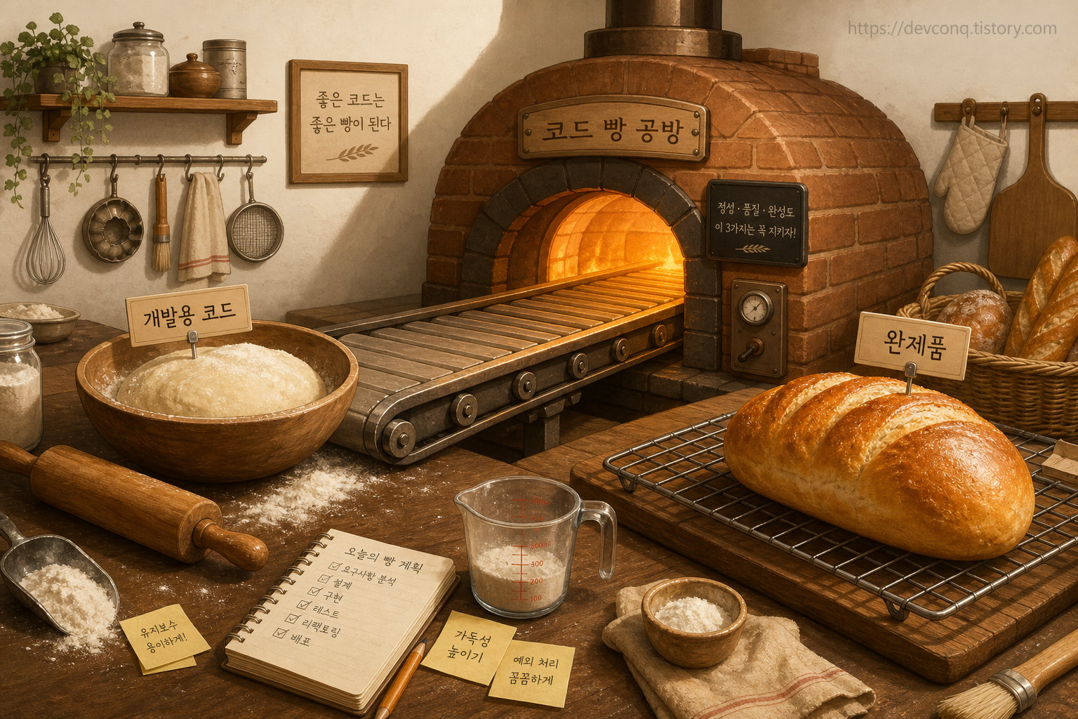 반죽을 오븐에 넣어 빵으로 굽는 과정을 개발용 코드가 완제품으로 바뀌는 흐름에 빗댄 장면