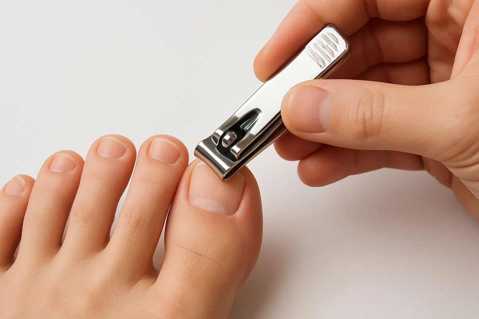 발톱깎이로 발톱을 일직선으로 깔끔하게 다듬는 장면