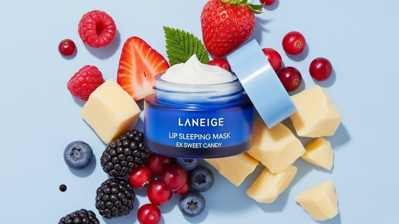 라네즈 립 슬리핑 마스크 EX 스위트 캔디 병의 예술적이고 스타일리시한 클로즈업