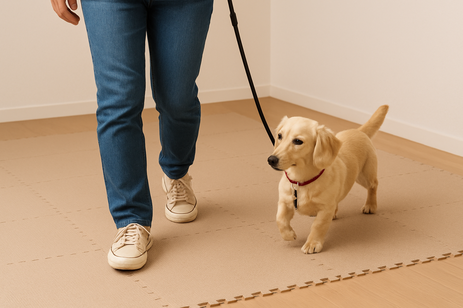 슬개골 탈구 예방을 위해 매트 위에서 운동하는 강아지