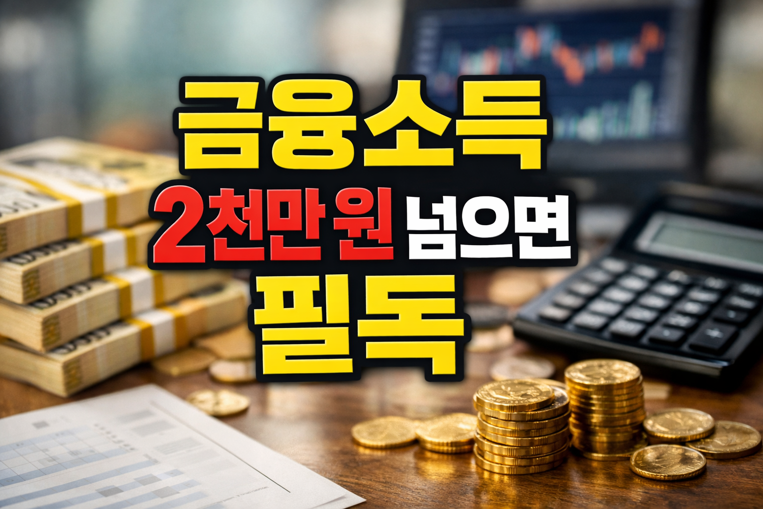 Image of stacks of money, coins, a calculator, and a stock chart background, emphasizing the 20 million won threshold for comprehensive taxation on financial income