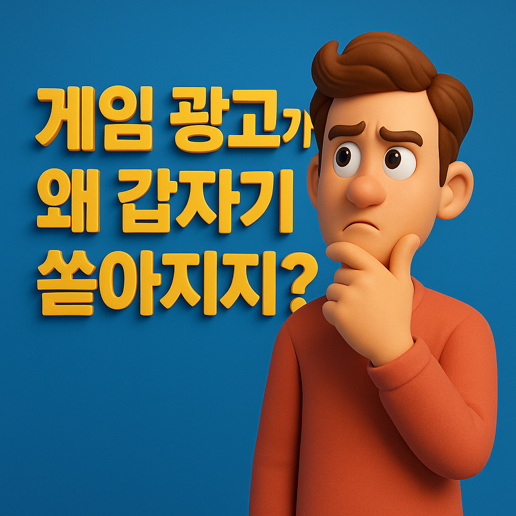 혼란스러운 표정을 짓는 3D 캐릭터와 함께 '게임 광고가 왜 갑자기 쏟아지지?'라는 문구가 강조된 이미지
