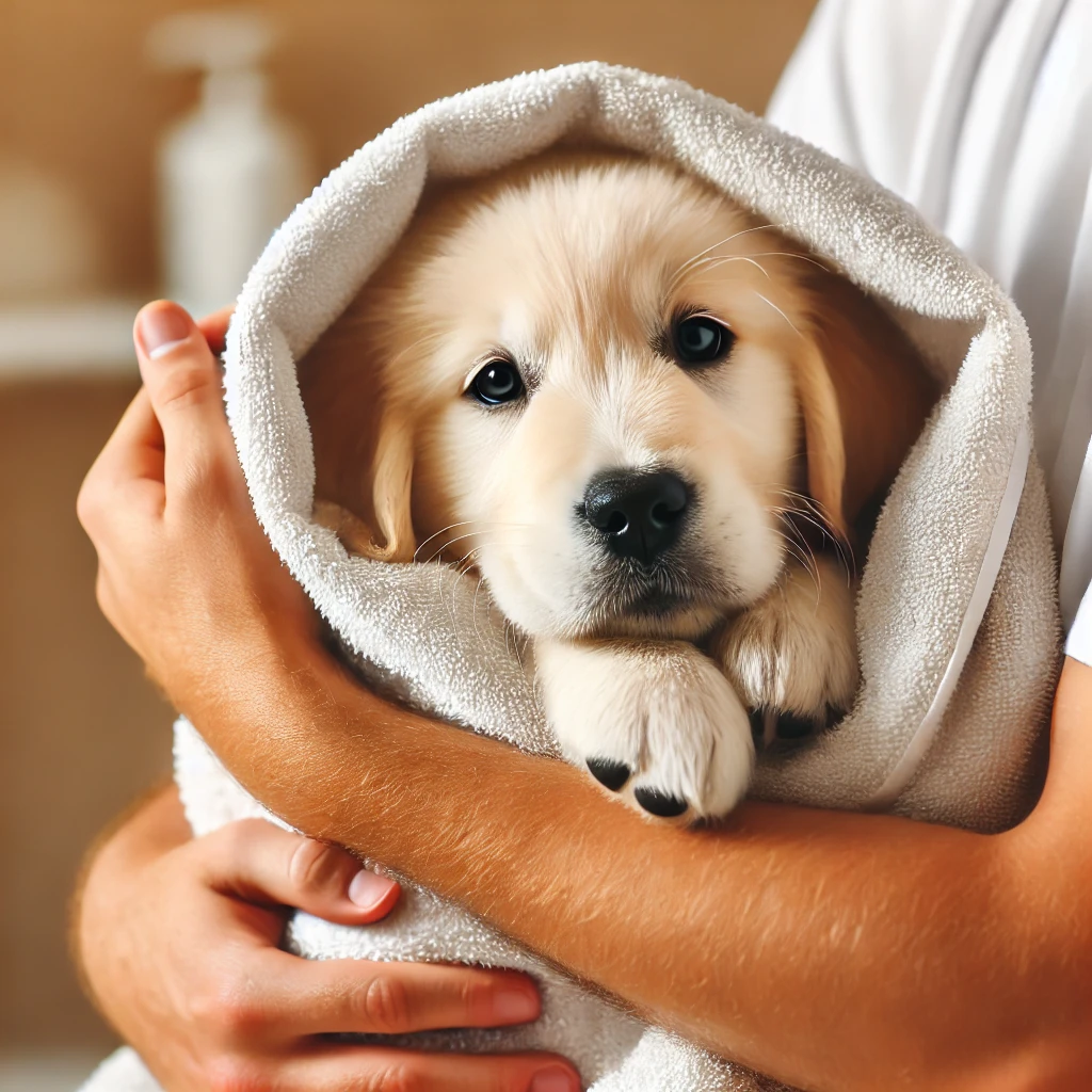 강아지 목욕 후 – 보호자가 수건으로 닦아주며 강아지를 말리는 모습