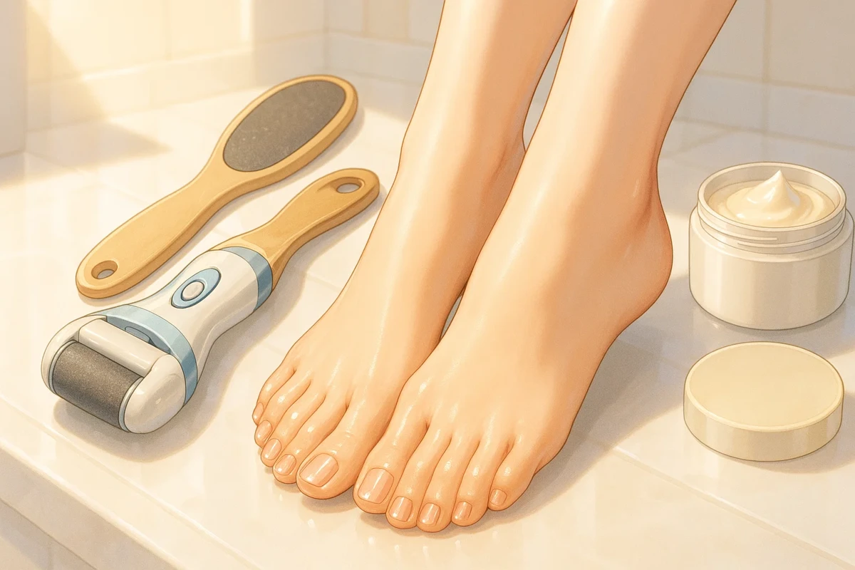 깔끔하게 관리된 발과 다양한 발 각질 제거기들을 보여주는 여름 발 케어 컨셉 이미지