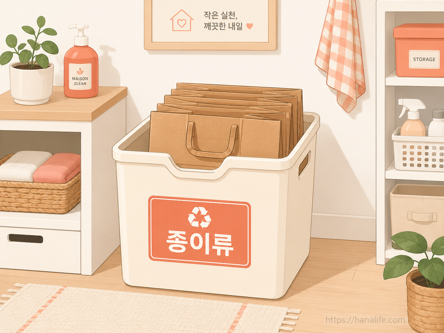 사용 후 접어 보관 중인 쇼핑백 또는 종이류 분리배출 장면 &mdash; 소비자 실천 컷