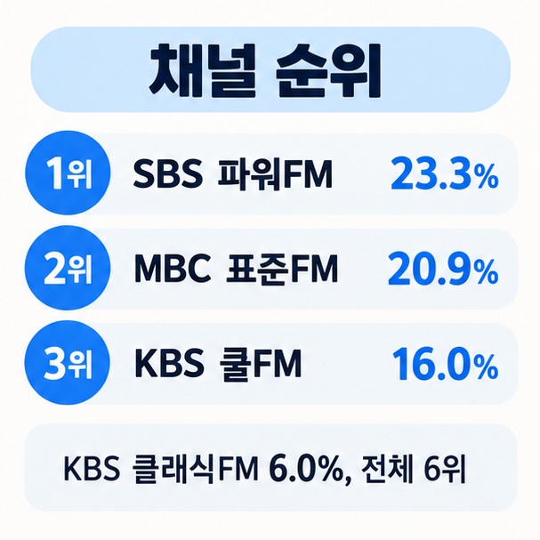 SBS 파워FM 23.3% MBC 표준FM 20.9% KBS 쿨FM 16.0%의 채널 청취율 상위 3위를 비교한 이미지