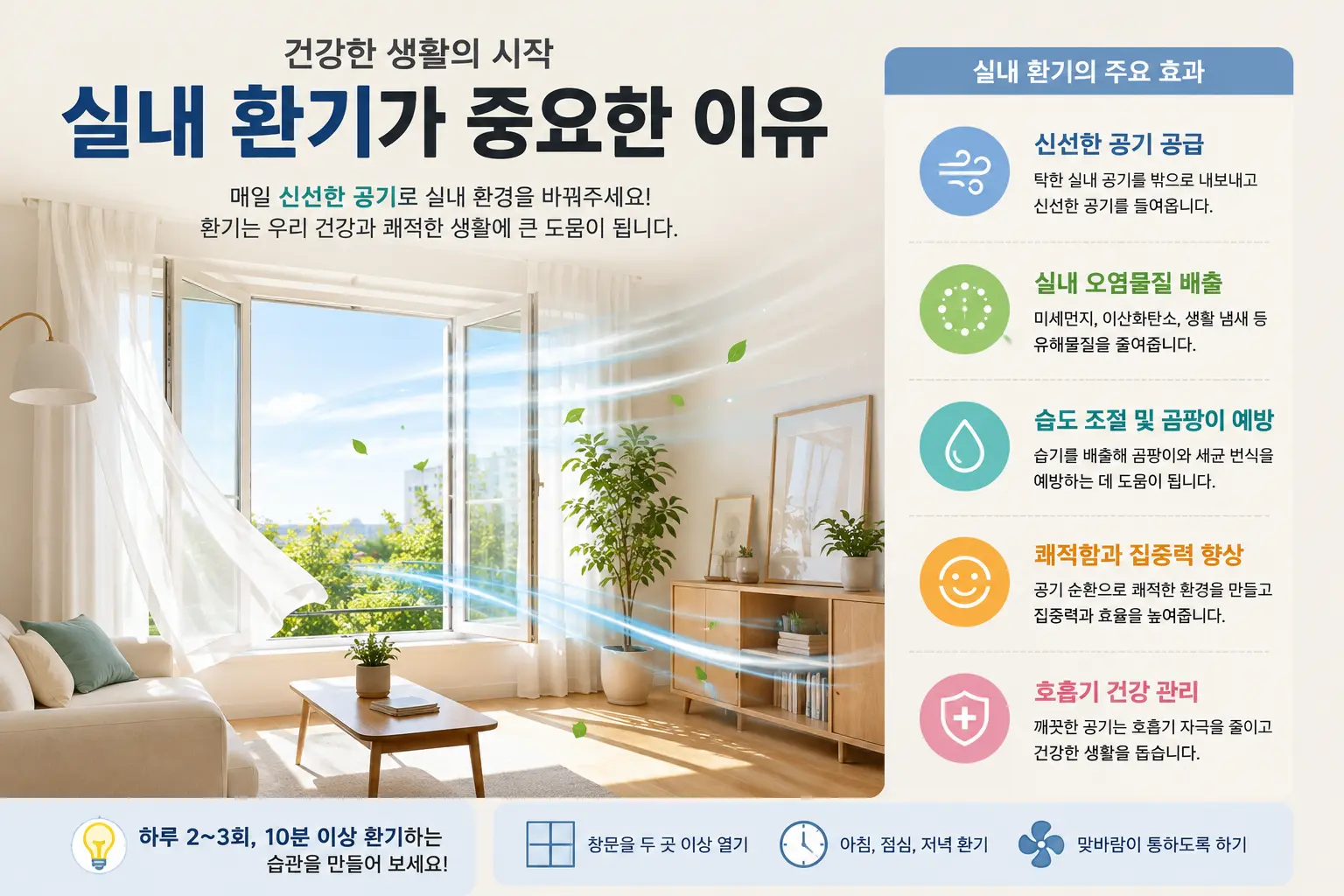 창문을 열어 실내 환기를 하는 밝은 거실 모습