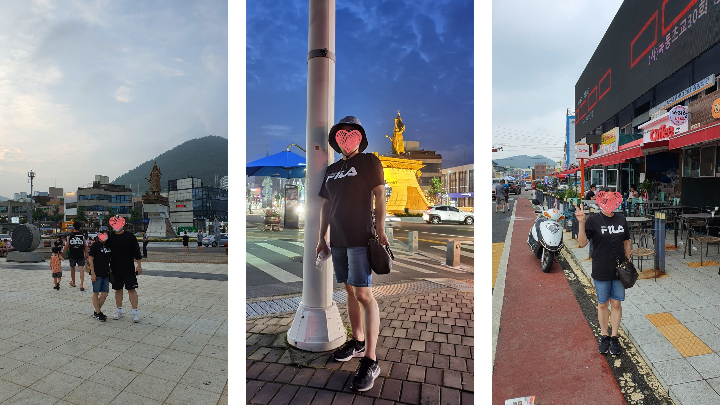 이순신 장군 동상을 배경으로 아내와 아들, 아내 혼자, 먹거리 골목에서 아내 혼자 찍은 사진입니다.