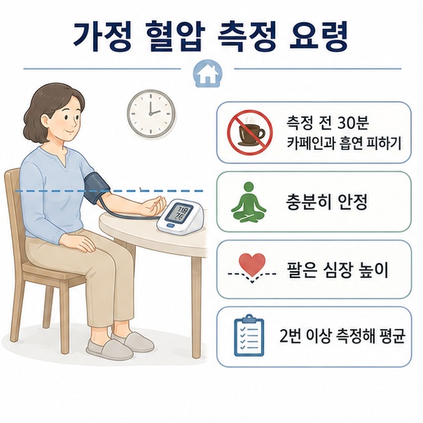 집에서 혈압을 측정할 때 충분히 안정한 뒤 바르게 앉고 팔을 심장 높이에 두어 두 번 이상 측정한 평균값을 사용하는 방법을 보여 주는 그림
