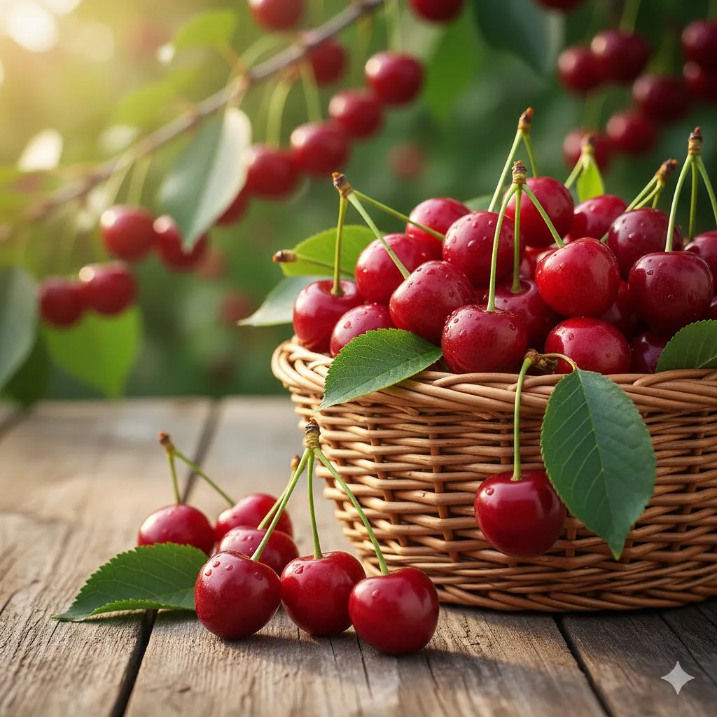 쨍한 빨간색 체리가 나뭇잎과 함께 바구니에 담겨 있거나&amp;#44; 나무에서 막 수확한 듯한 싱그러운 모습. 체리의 신선함과 건강한 에너지를 강조합니다. 