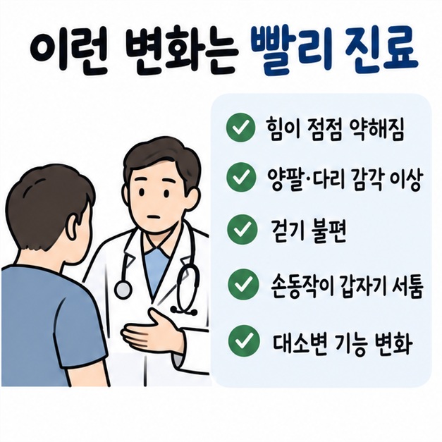 팔 힘 저하와 양팔·다리 감각 이상, 보행 및 대소변 변화가 있을 때 진료가 필요함을 체크리스트로 보여주는 카드
