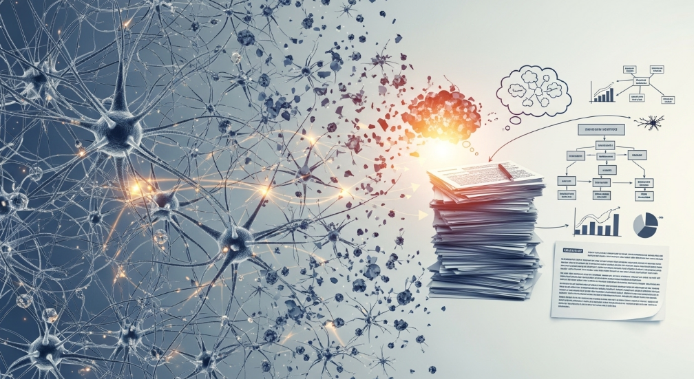 뇌 속의 복잡한 생각이 글쓰기를 통해 깔끔하게 정리되는 모습을 표현한 추상적인 이미지.