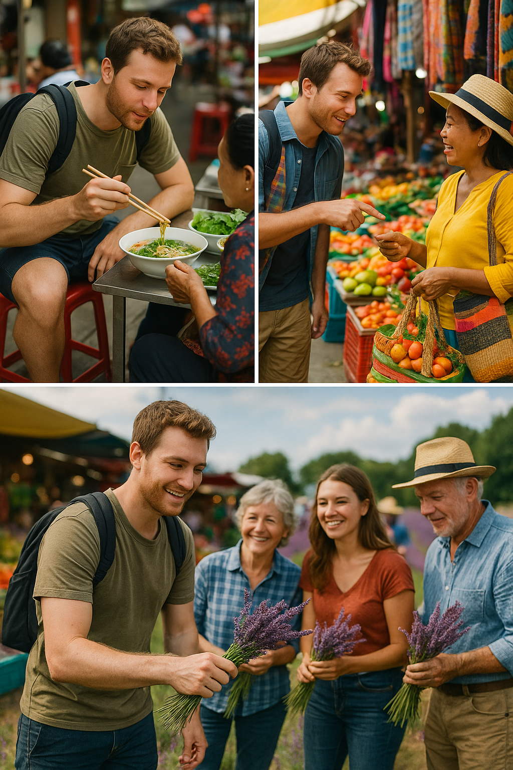 길거리 식당에서 현지 음식을 맛보고 시장 상인과 흥정하며 라벤더 밭에서 꽃을 수확하는 현지 체험 장면