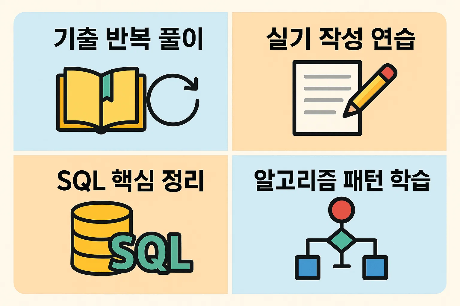 기출 반복 풀이, 실기 작성 연습, SQL 핵심 정리, 알고리즘 패턴 학습 등 합격률을 높이기 위한 실전 대비 방법을 정리한 인포그래픽