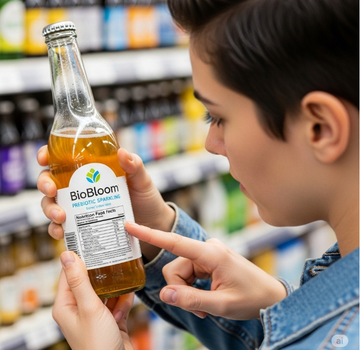 한 손에 프리바이오틱 탄산음료 병을 들고 다른 손으로는 병의 영양 성분표를 꼼꼼히 확인하는 모습. 현명한 소비자 행동을 상징한다