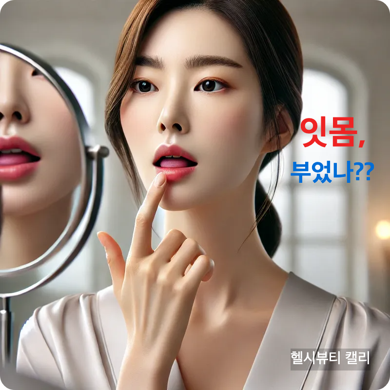 거울 앞에서 잇몸과 치아 상태를 걱정하며 살펴보는 한국 여성