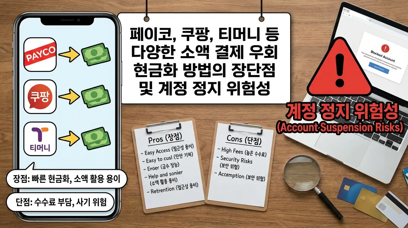 페이코, 쿠팡, 티머니 등 다양한 소액 결제 우회 현금화 방법의 장단점 및 계정 정지 위험성
