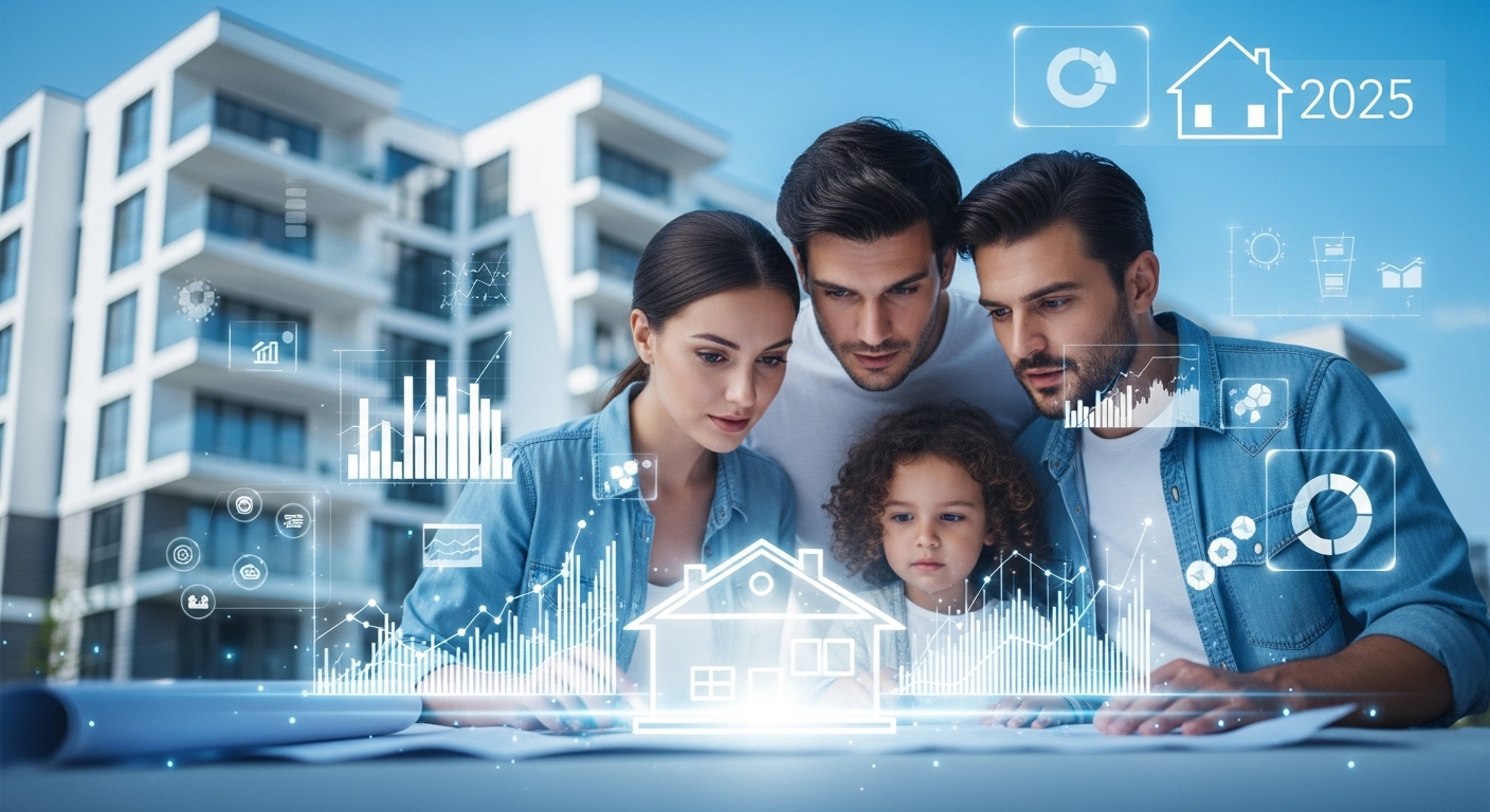 2025년 특별공급 및 임대아파트 청약 정보를 통해 내 집 마련의 꿈을 이루려는 가족의 모습. 희망찬 푸른색과 회색 톤이 주거 안정을 상징합니다.