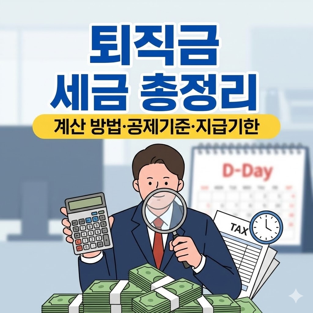 2026년 퇴직금 계산 공식, 퇴직소득세 절세 방법(IRP 활용), 퇴직금 지급 기한 14일 규정 및 지연 이자 20% 안내를 요약한 정보성 인포그래픽 이미지