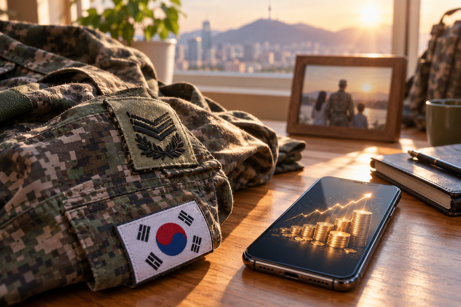 대한민국 군복과 스마트폰 금융 화면이 놓여 있는 책상
