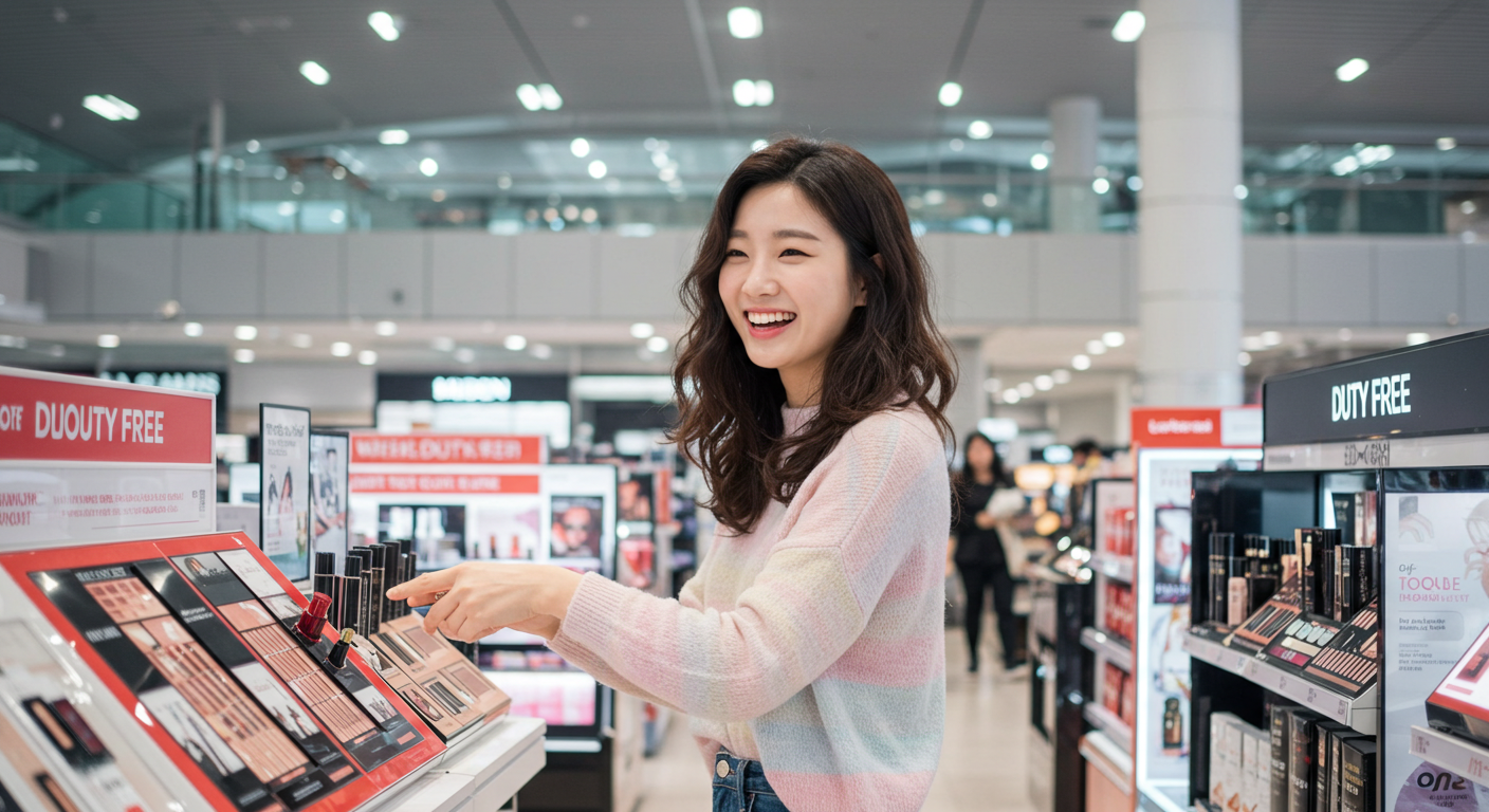 공항 면세점에서 즐겁게 쇼핑하는 여성의 활기찬 모습.