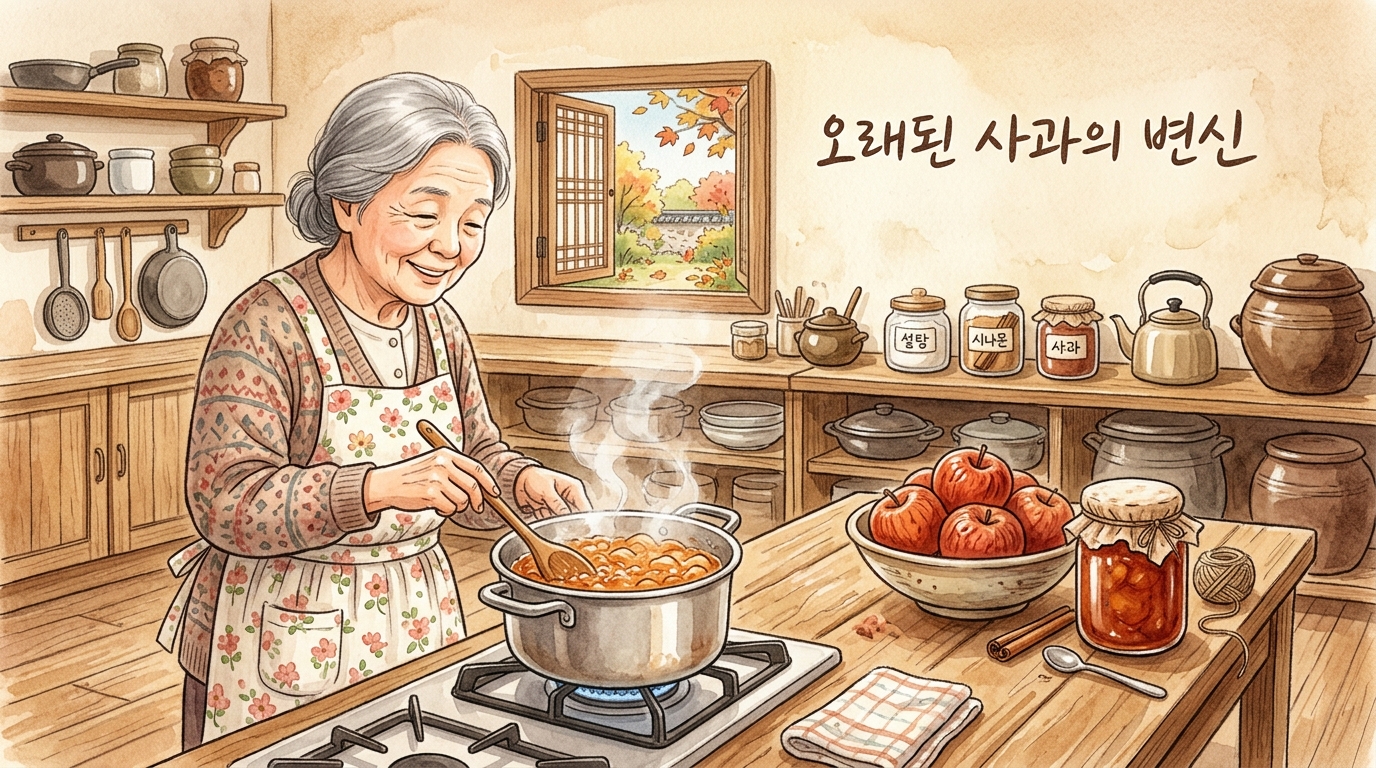쭈글쭈글해진 오래된 사과로 수제 사과잼을 만들고 있는 중년 여성의 모습.