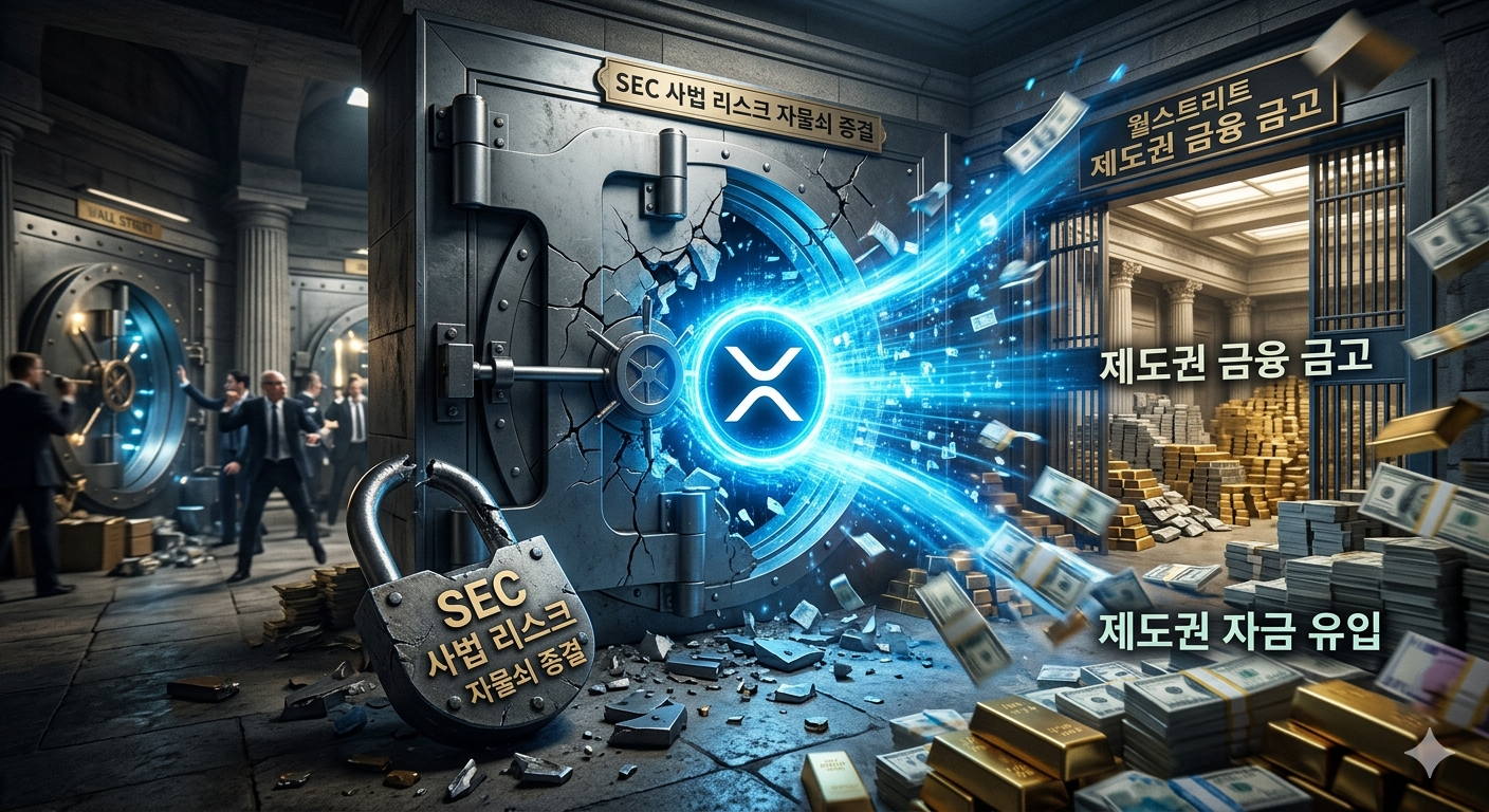 미 SEC 사법 리스크 종결로 열린 거대한 금융 금고와 파랗게 빛나는 리플(XRP) 로고, 그리고 그 안으로 유입되는 제도권 자금과 달러 지폐들.