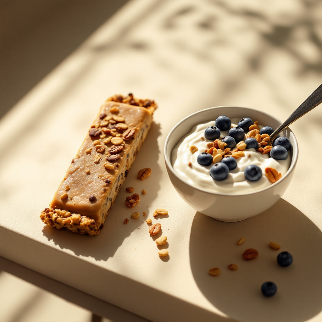 단백질 그래놀라 바와 블루베리 그릭요거트로 구성된 건강 간식