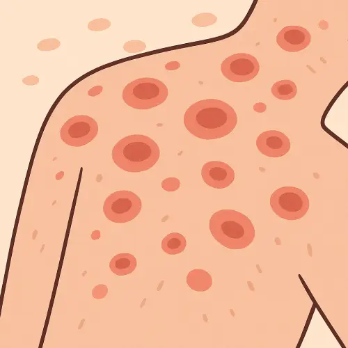 두드러기로 인해 피부에 붉게 부풀어 오른 발진이 퍼진 모습을 표현한 그림