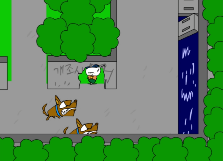 감옥탈출-오리지널-1인용-플래시게임-플레이2-사나운-개들을-피하기-위해-무너진-담벼락으로-통과하는-화면