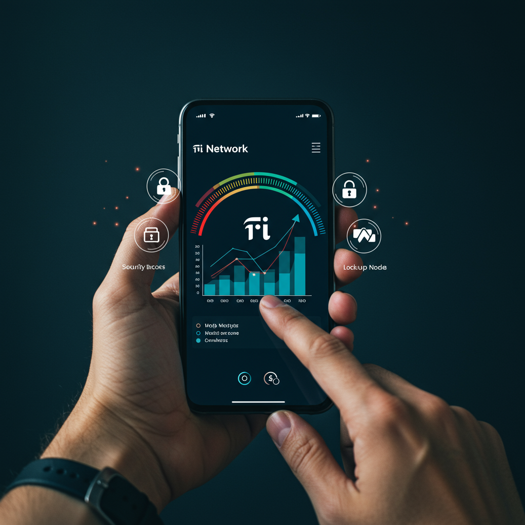 스마트폰 화면에서 파이코인 채굴 속도와 부스트 요인을 확인하는 모습