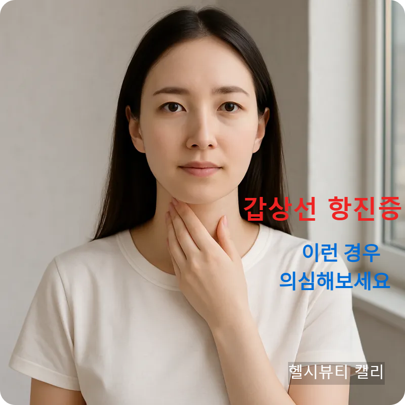 목을 만지며 갑상선항진증을 의심하지만, 침착한 표정을 짓는 하얀 피부의 30대 여성