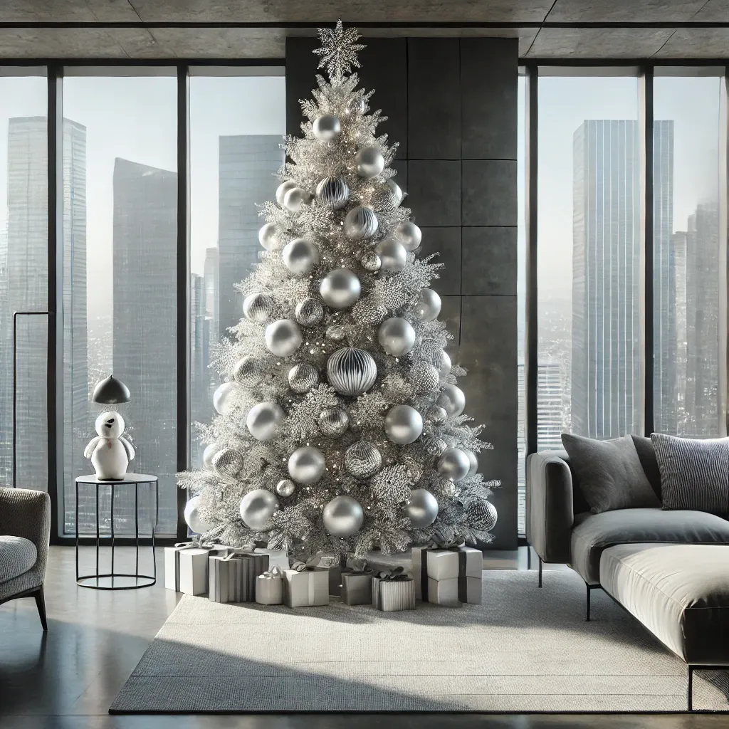 모던한 아파트에 장식된 실버와 화이트 테마 크리스마스 PE트리