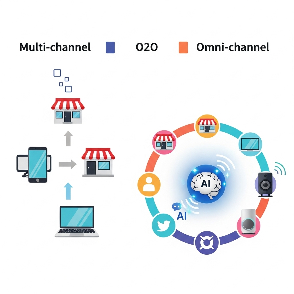 멀티채널에서 O2O를 거쳐 옴니채널로 진화하는 과정을 보여주는 인포그래픽입니다. 특히 옴니채널에서 AI의 역할이 강조되어 있습니다.