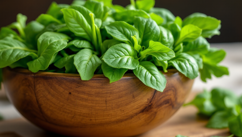 신선한 시금치가 담긴 나무 그릇의 밝고 생생한 사진