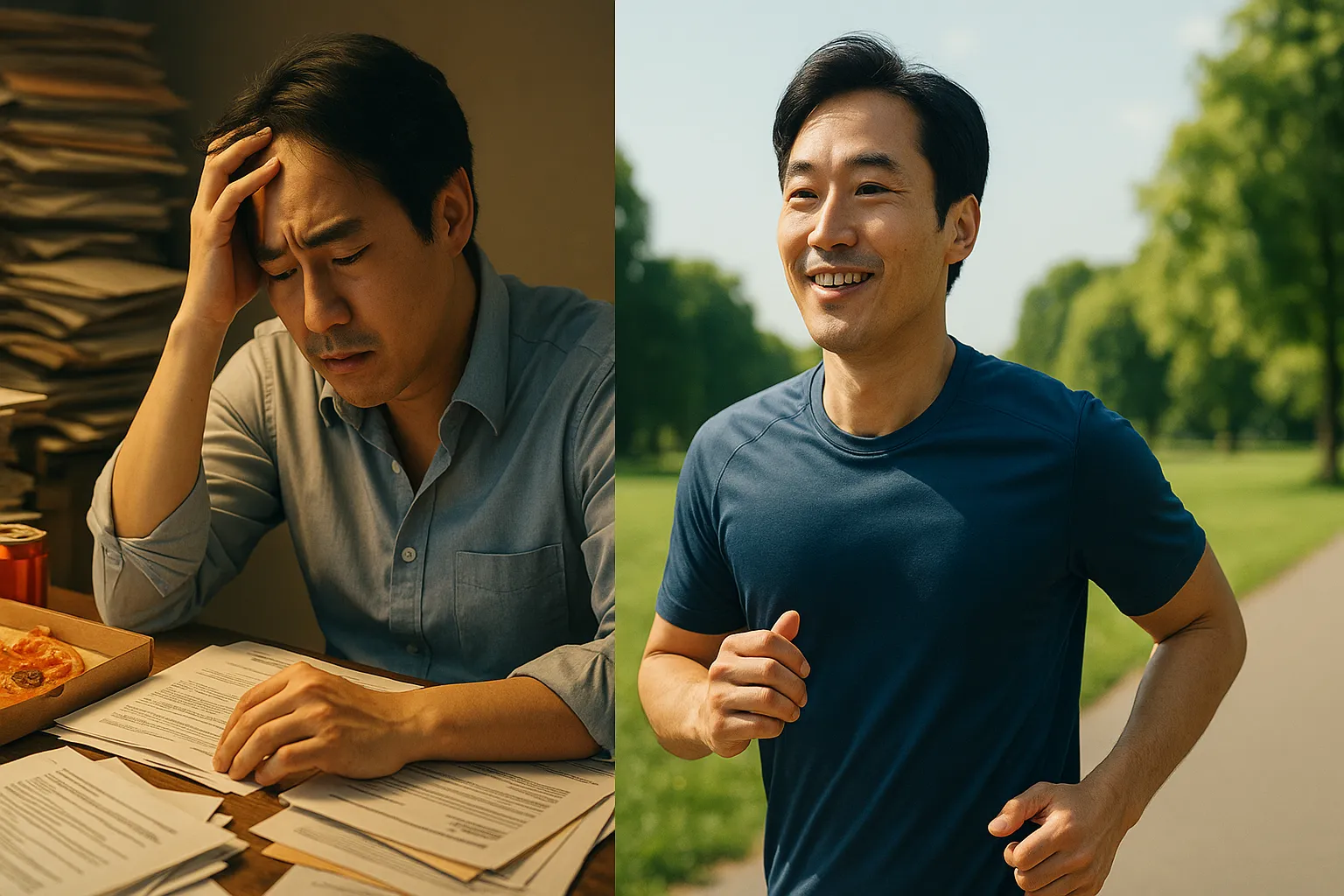 생활 습관 개선 전후, 고혈압 위험에서 벗어나 건강을 되찾은 30대 남성의 모습
