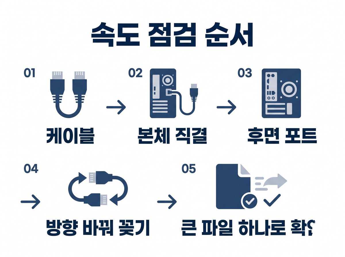 속도 점검 순서: 케이블, 본체 직결, 후면 포트, 방향 바꿔 꽂기, 큰 파일 하나로 확인