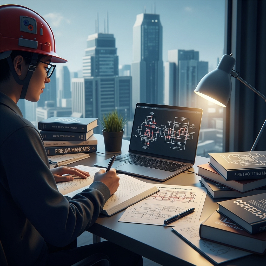 책상에 앉아 소방시설관리사 시험 공부에 집중하는 학생, 미래의 소방 안전을 책임질 전문가의 꿈을 상징하는 희망찬 모습