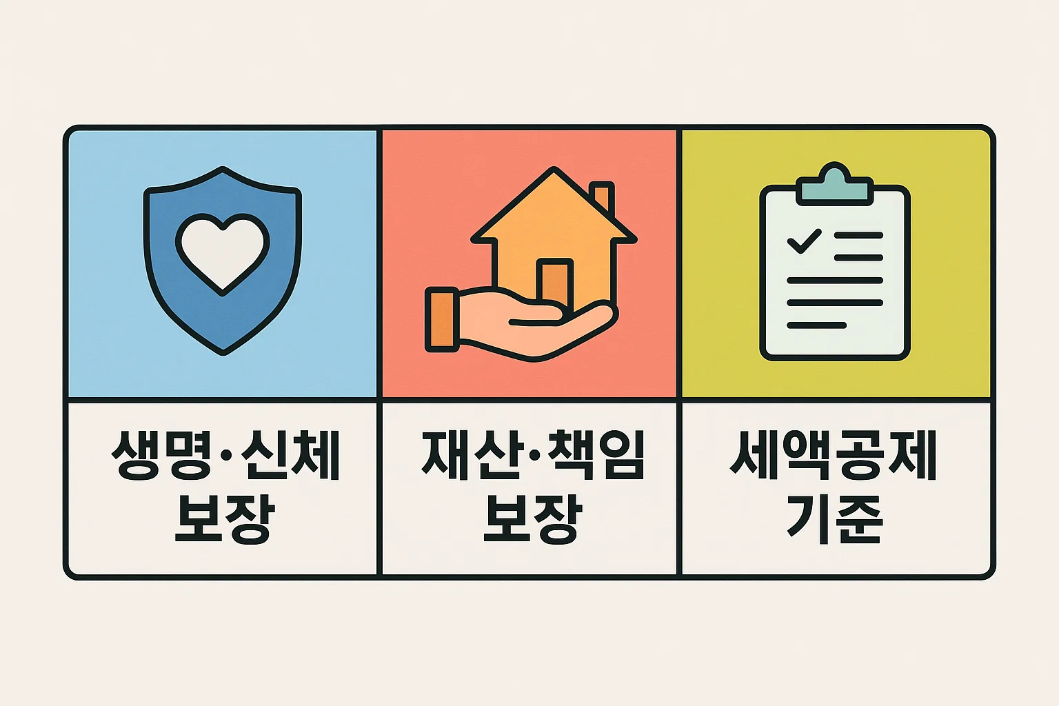 생명&middot;신체 보장과 재산&middot;책임 보장 보험을 세법 기준으로 구분해 세액공제 적용 여부를 설명한 정보 이미지입니다