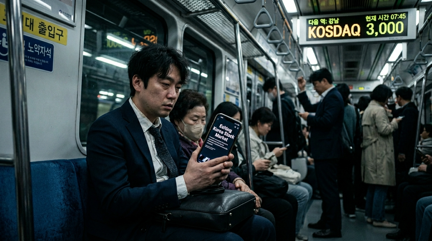 4월 1일 아침, 지하철 안에서 '국장 탈출' 뉴스 기사를 보며 한숨 쉬는 직장인 뒤로 'KOSDAQ 3,000'이라는 전광판이 빛나고 있는 모습